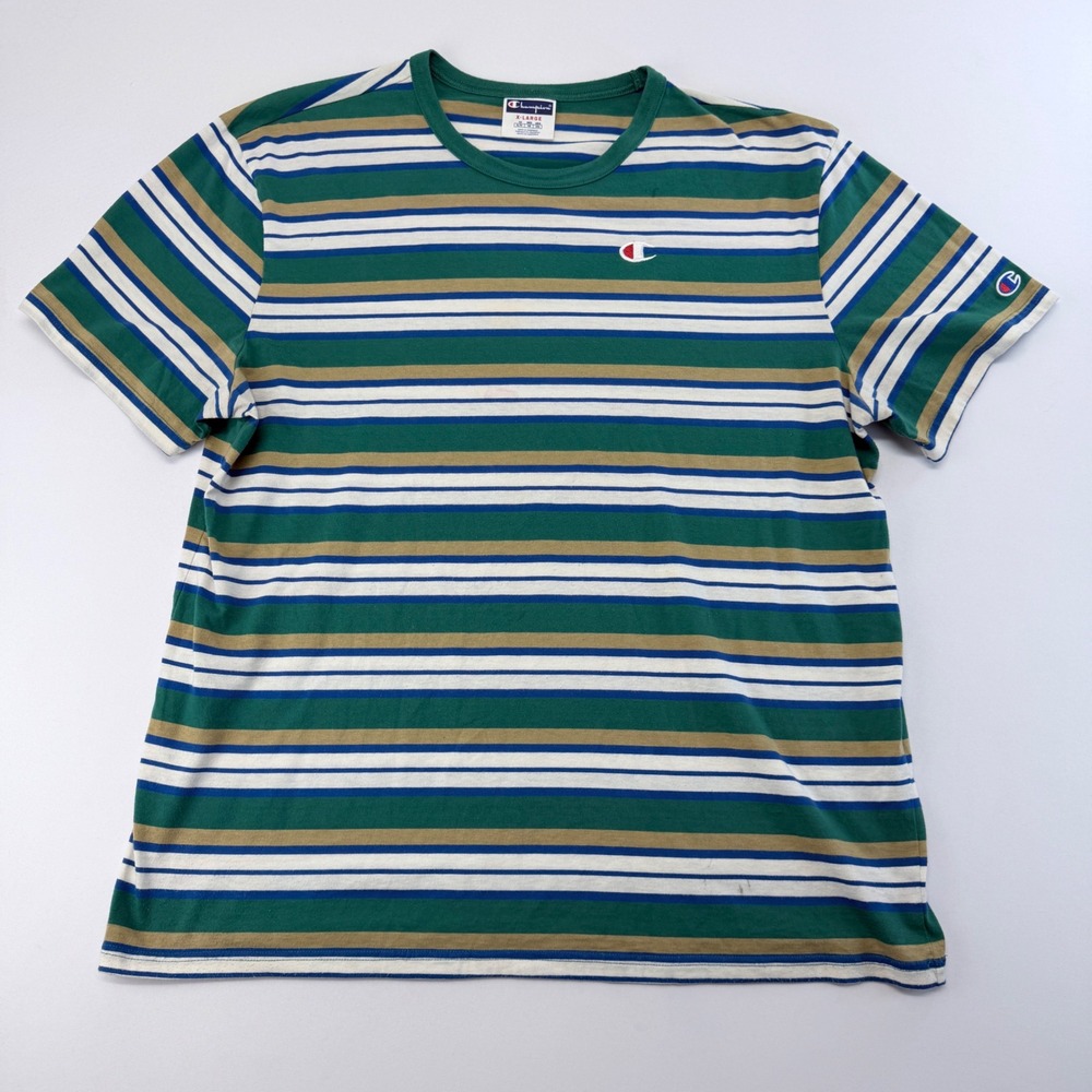 Champion Mens XL Striped T-Shirt Green Blue Tan White Short Sleeve Crew Neck